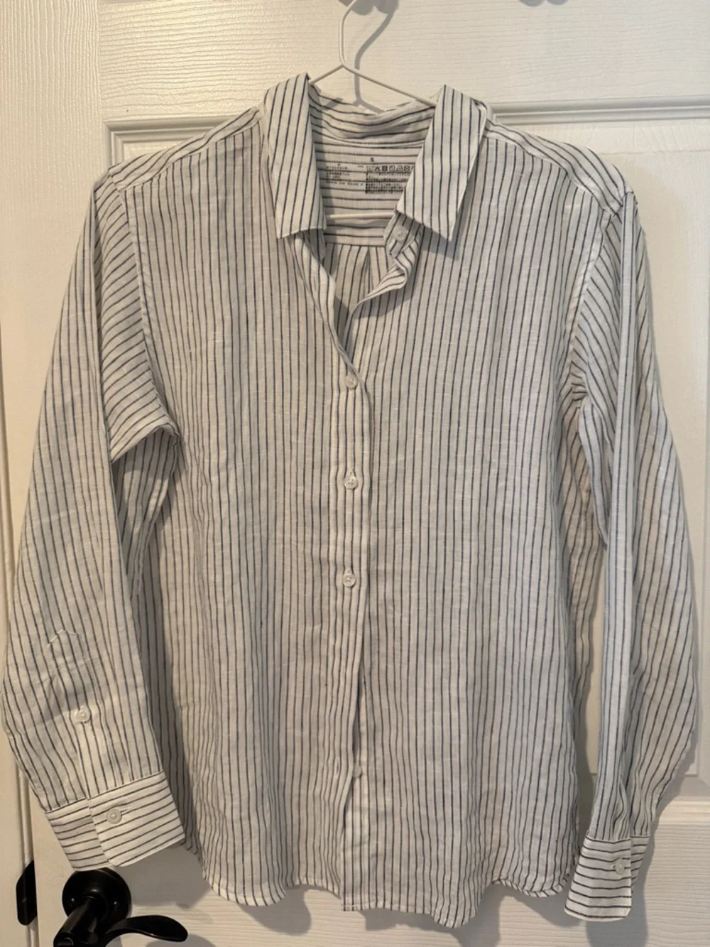 Muji Women’s linen White Button-Up Shirt with Navy Stripes - Casual & Timeless - Picture 1 of 6